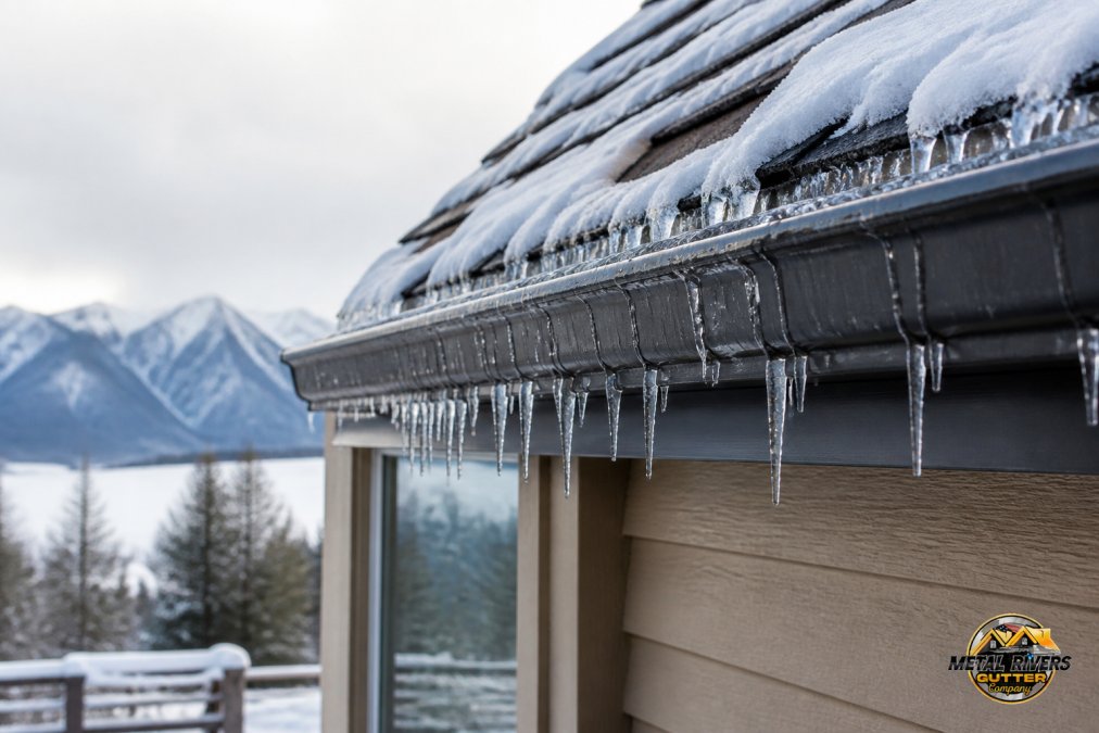 Diagram showing how seamless vs sectional gutter cost impacts ice dam formation on a snow-covered roof edge.