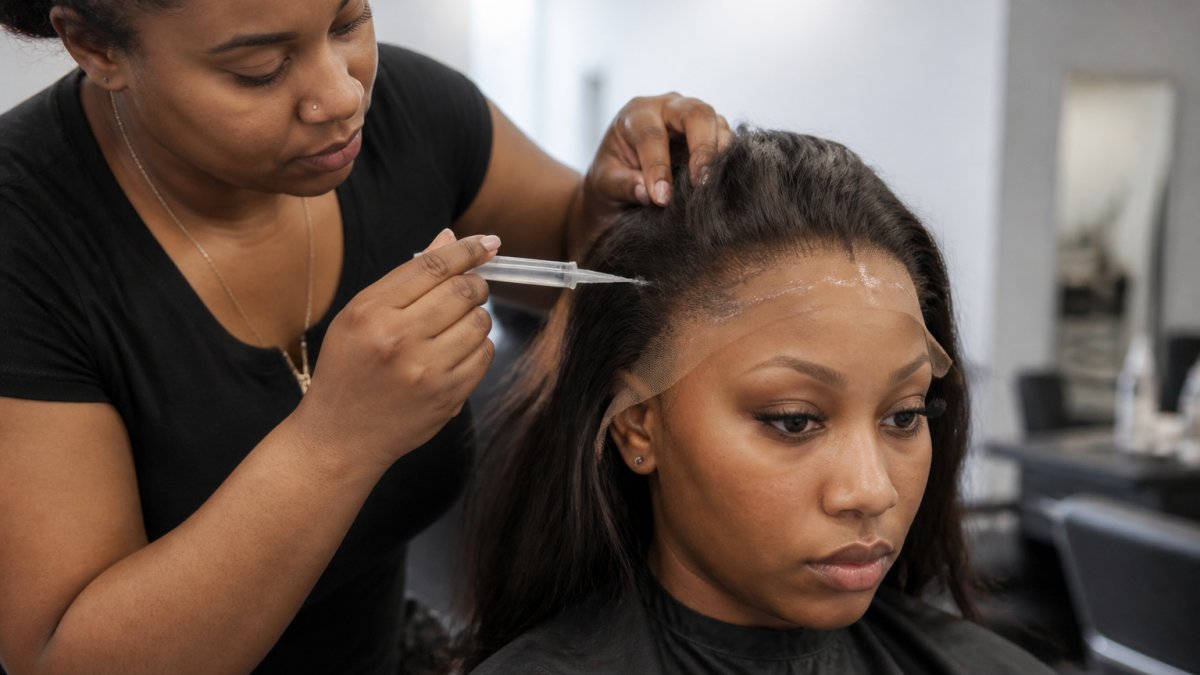 Professional stylist applying adhesive along client's hairline with precision applicator tip during lace wig installation in modern salon setting
