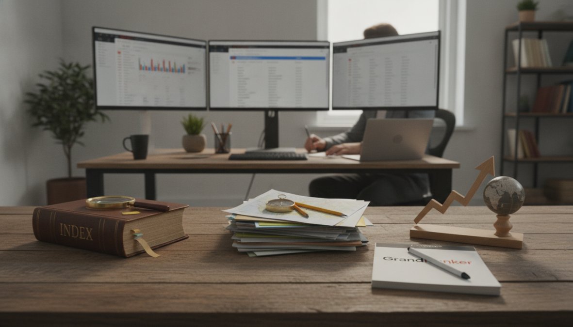 Digital marketer reviewing website analytics and search rankings on multiple monitors in a modern office setting with natural lighting
