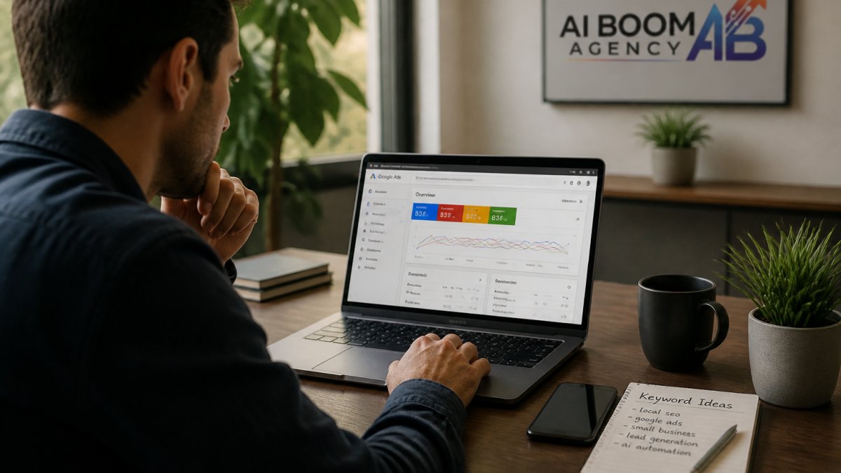 A small business owner at a desk reviewing a Google Ads campaign on a laptop, with a phone and notepad showing handwritten keyword ideas beside it, warm afternoon light