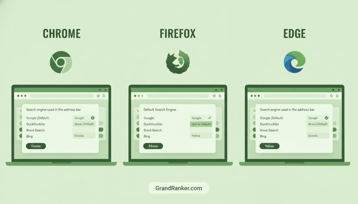 Close-up of a laptop screen displaying browser settings menu with search engine dropdown options visible, showing DuckDuckGo, Brave Search, and other alternatives listed