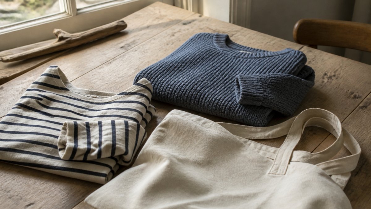 Flat-lay of coastal clothing including a striped top and knit jumper on a weathered wooden table surface