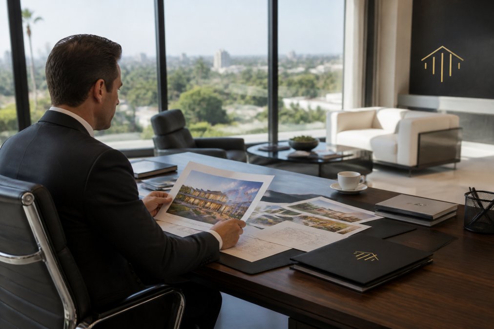 Real estate agent in modern upscale office reviewing luxury property marketing campaign materials on desktop computer, with architectural photos and market analysis charts visible, natural light from floor-to-ceiling windows