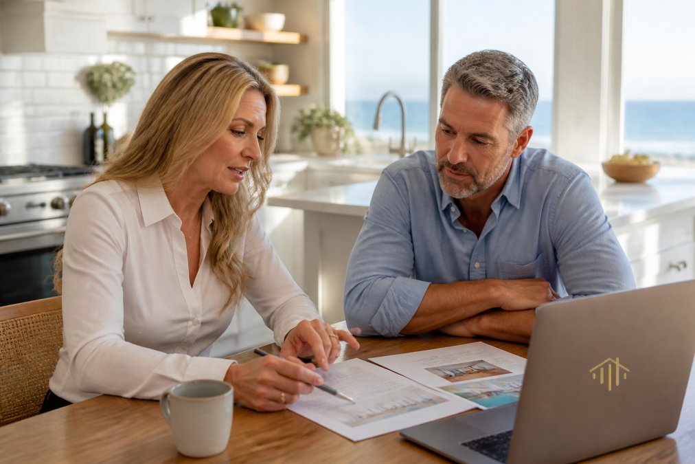 A homeowner and real estate agent sitting at a kitchen table with documents and laptop, reviewing home listing strategy and discussing pricing options in natural afternoon lighting