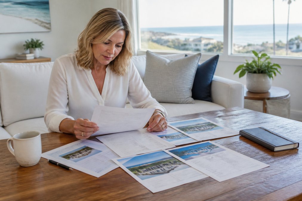 A seller reviewing paperwork and comparing different real estate service options on a laptop at home, with documents spread across a wooden table in soft natural lighting