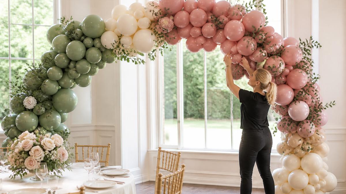 Professional balloon artist arranging sage green, dusty rose, and cream latex balloons in an ombre pattern for a wedding arch, natural daylight streaming through venue windows