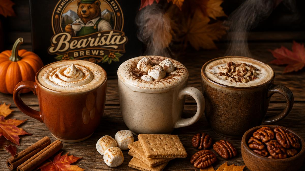 Three steaming mugs of coffee arranged on a wooden table with autumn leaves, cinnamon sticks, toasted pecans, and graham crackers nearby, each mug showing distinct color and foam