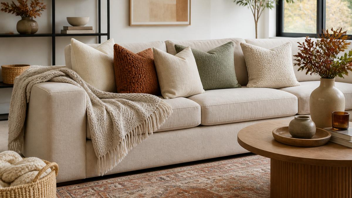 Modern living room with a neutral sofa styled with layered throw pillows in varying textures including wool and linen, a patterned area rug in warm tones, and a cozy throw blanket draped over the arm, showing how seasonal accents add visual interest without clutter