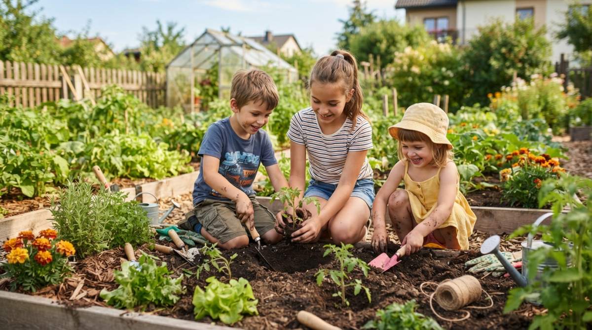 Children planting seedlings in a sunny garden to support seasonal family growth through real-life learning.