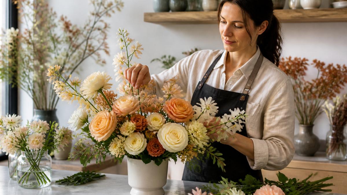 Professional florist arranging a bouquet showcasing warm neutrals, earth tones, and soft pastels with apricot, vanilla, and buttercream blooms in a modern ceramic vase on a bright studio table