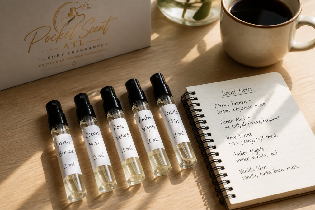 A flat-lay photograph on a light wooden surface showing five 2 ml glass sample spray vials with handwritten labels, a small notebook with scent notes, and a coffee cup nearby, natural window light
