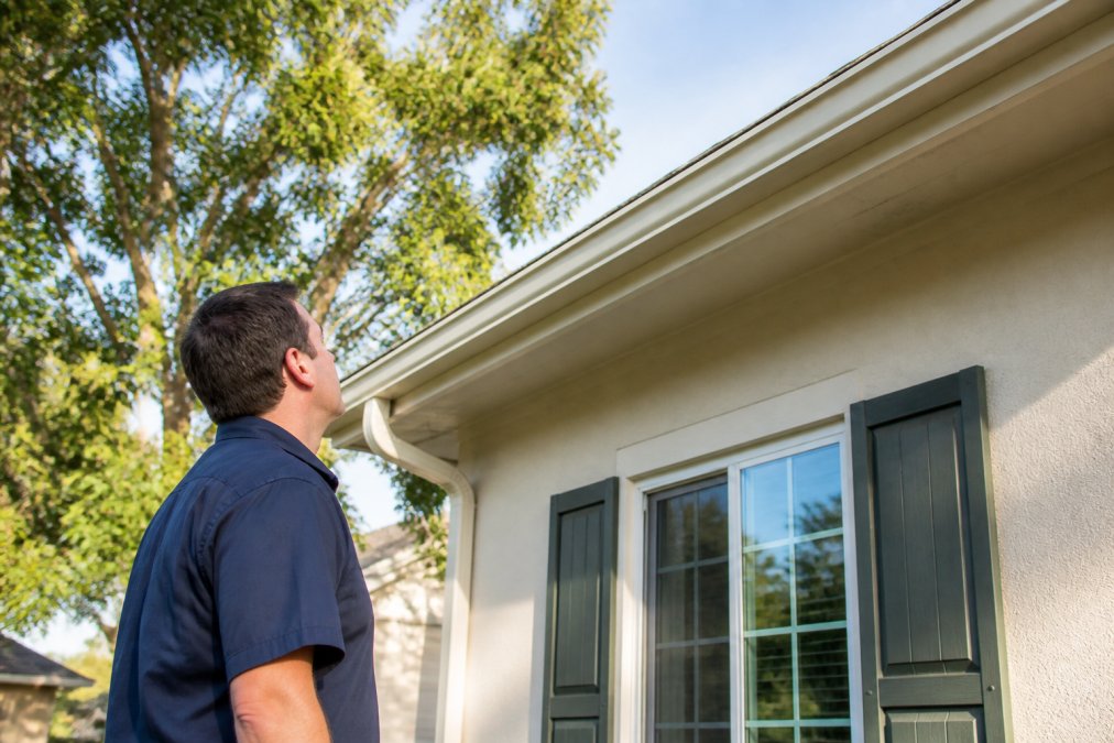 A homeowner standing outside a single-story house looking up at a clean gutter system with trees in the background, bright daylight, residential neighborhood setting