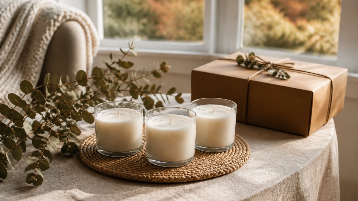 A three-piece candle gift set arranged on a linen-covered side table beside a wrapped box and dried eucalyptus, warm afternoon light through a window