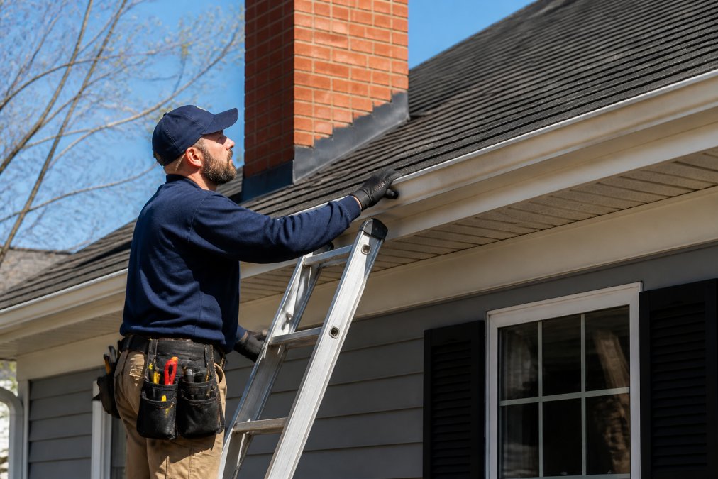Professional technician safely inspecting roof shingles and gutters from ladder, examining flashing around chimney with clear spring sky and well-maintained home exterior visible