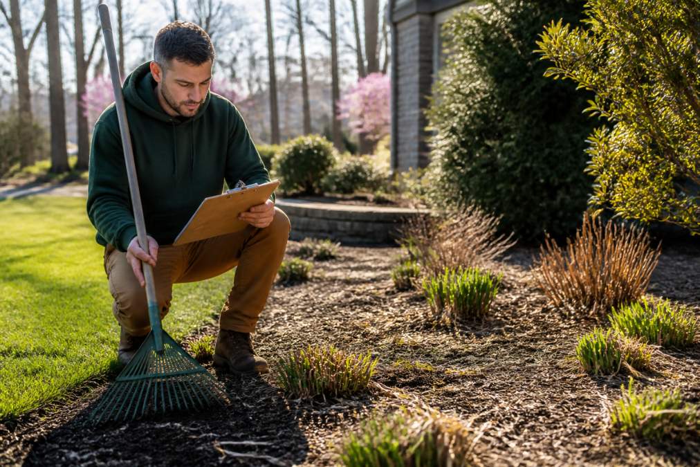 Professional landscaper inspecting spring garden bed with mulch and emerging perennials, holding a rake and clipboard in early morning light