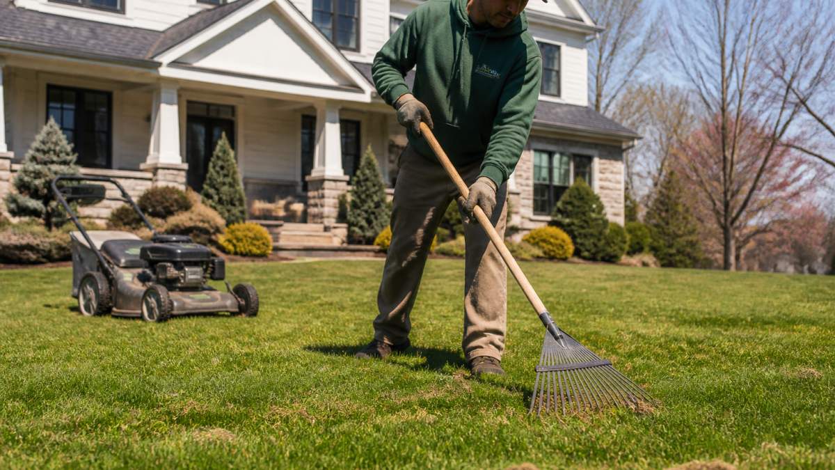 Landscaper raking thatch from a green lawn to start a spring lawn care schedule at a suburban home
