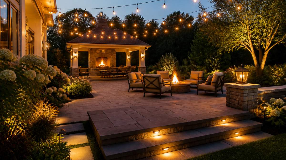 Luxurious patio at dusk with warm outdoor lighting, a glowing fire pit, and inviting seating area.