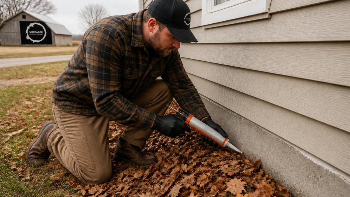 Homeowner in a flannel jacket inspecting the foundation line of a rural Iowa house in late autumn, caulk gun in hand, fallen leaves along the siding