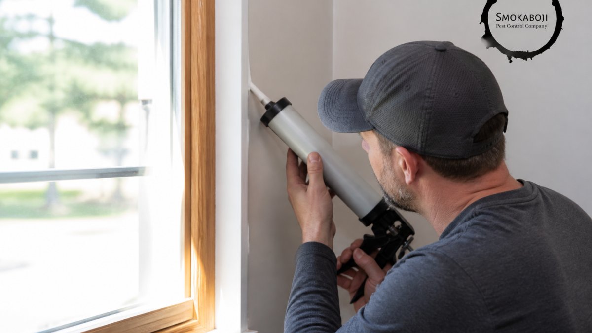 Close-up of homeowner caulking a gap around a window frame with white sealant, showing the application technique with natural daylight streaming through the window