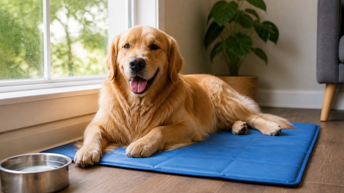 Dog resting on a cooling mat indoors near a window with fresh water bowl visible, showing comfort during hot weather