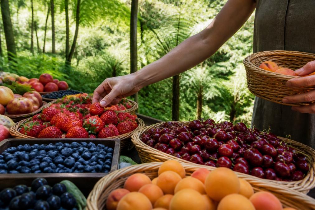 Close-up of ripe berries and stone fruits at a farm stand, with hands selecting fresh produce against a backdrop of rainforest canopy
