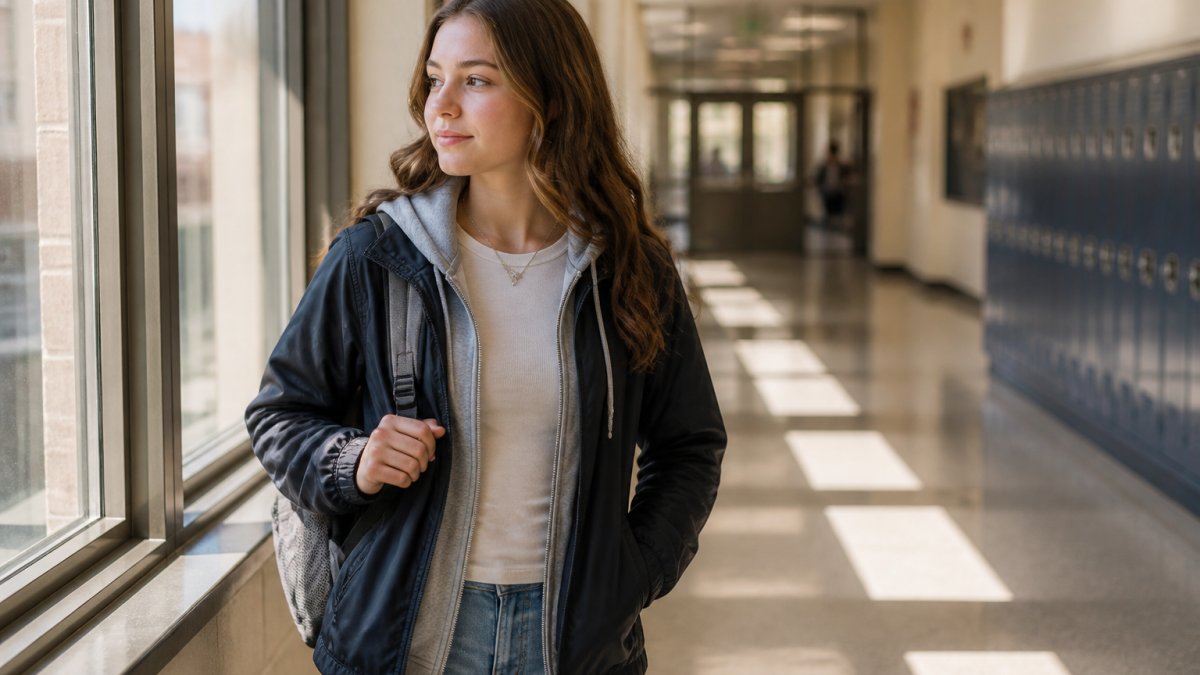 High school student wearing a long-sleeve fitted base layer under a zip-up hoodie and lightweight jacket, standing in a bright school hallway with natural light highlighting the layered textures and how they work together