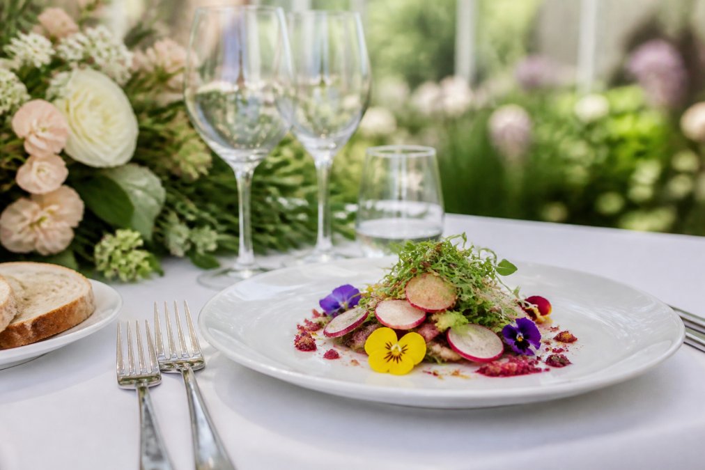 A plated spring wedding dish with fresh herbs and edible flowers on a white tablecloth, garden setting softly blurred behind