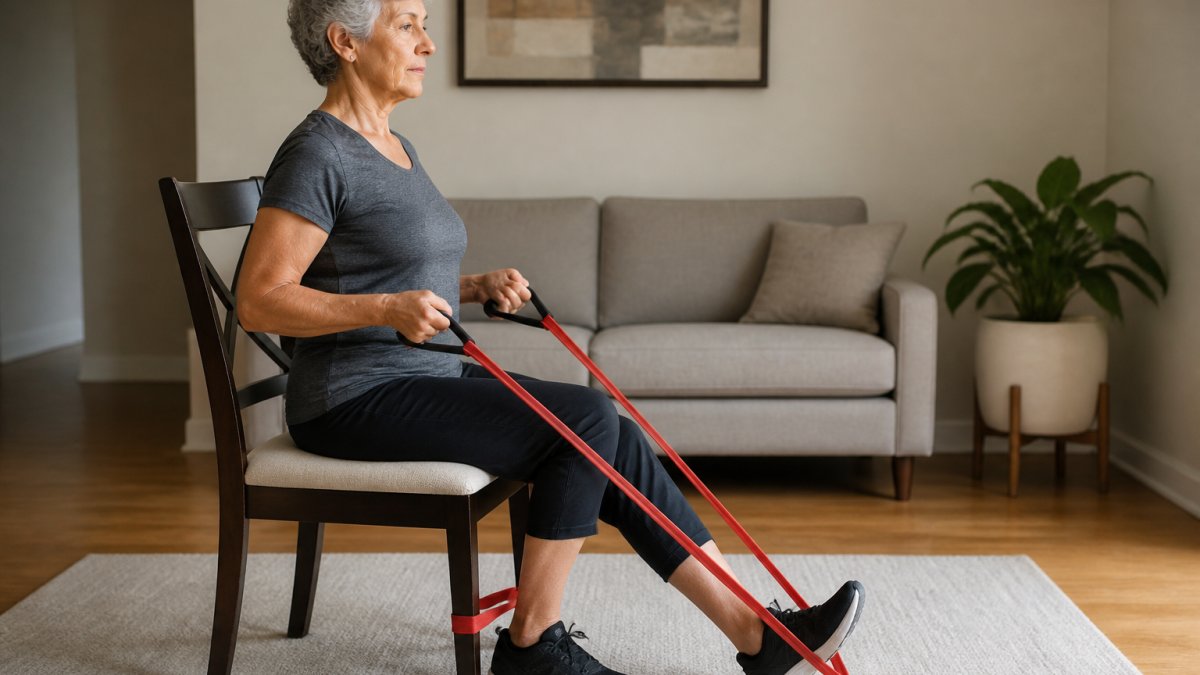 Older adult maintaining upright posture while performing a seated resistance band stretch in a sturdy chair.