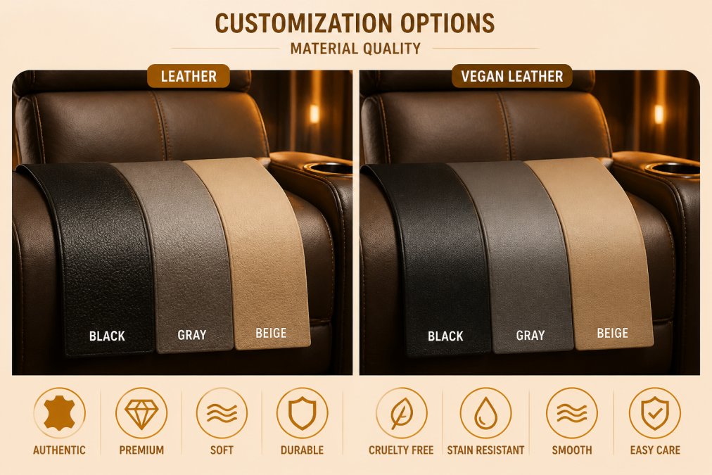 Close-up of different leather and vegan leather swatches in black, gray, and beige tones displayed side by side on a home theater recliner, showing texture and sheen differences under warm ambient lighting