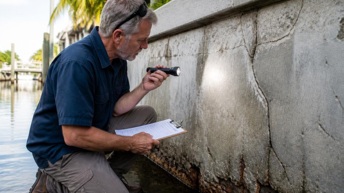Property owner inspecting concrete seawall surface with flashlight, examining visible cracks and corrosion while taking notes on a clipboard in morning sunlight