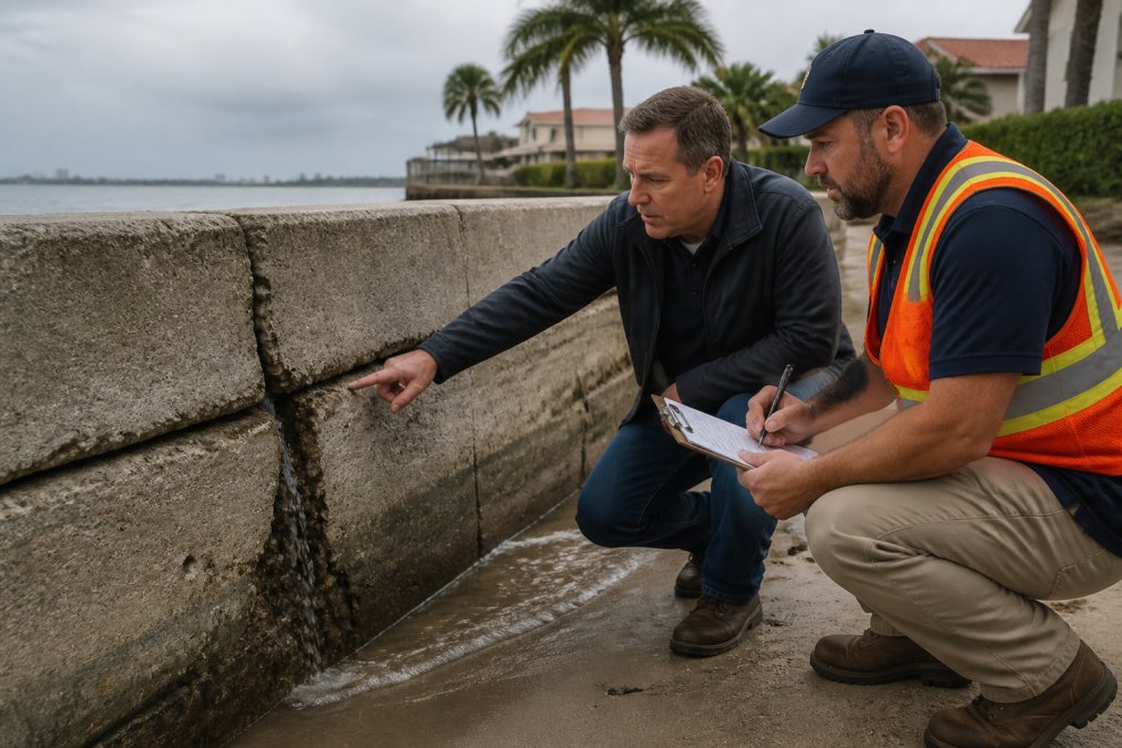 Contractor and property owner inspecting a cracked seawall requiring soil stabilization due to erosion.