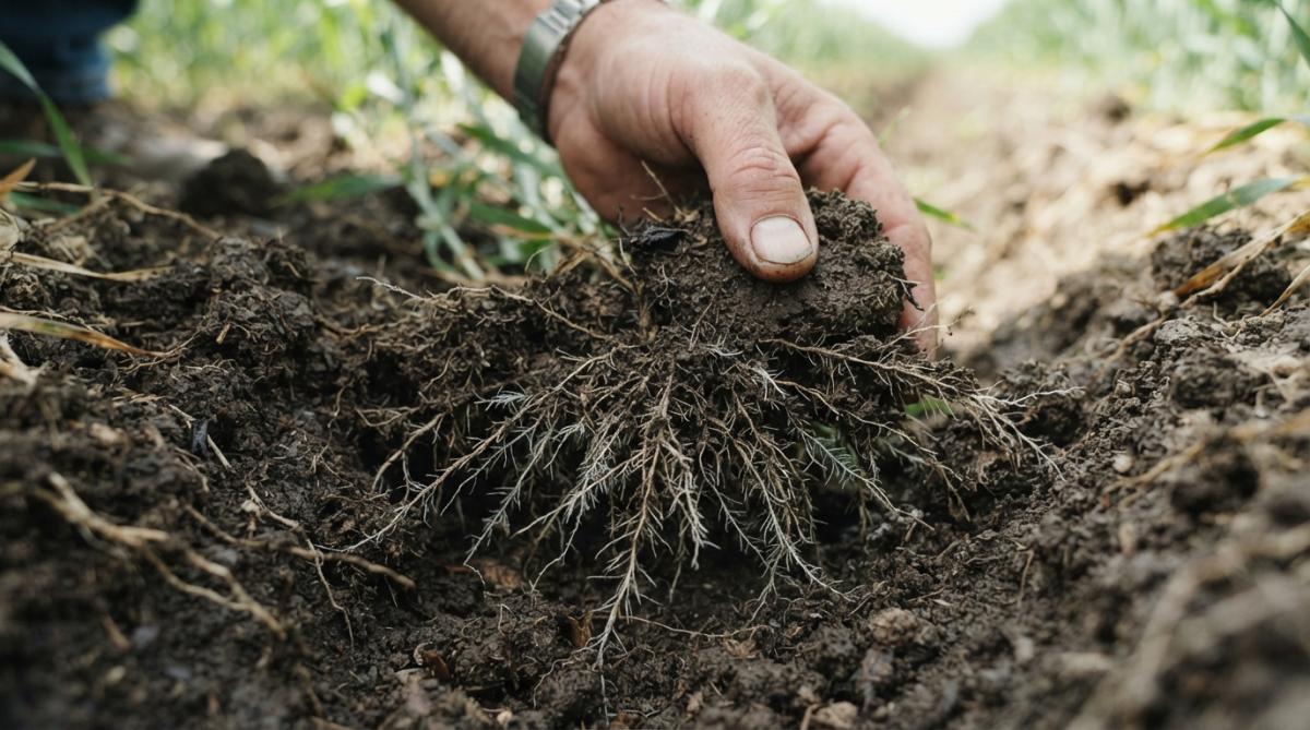 Close-up of healthy crop roots in dark soil showing dense root branching and white root hairs, with a hand gently holding soil to reveal the intricate root structure