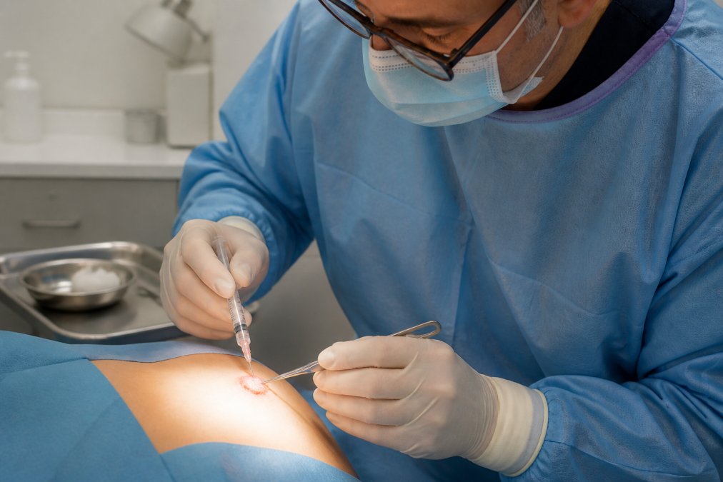 Professional performing incision and drainage procedure with sterile instruments and local anaesthetic in modern clinical setting under bright surgical lighting