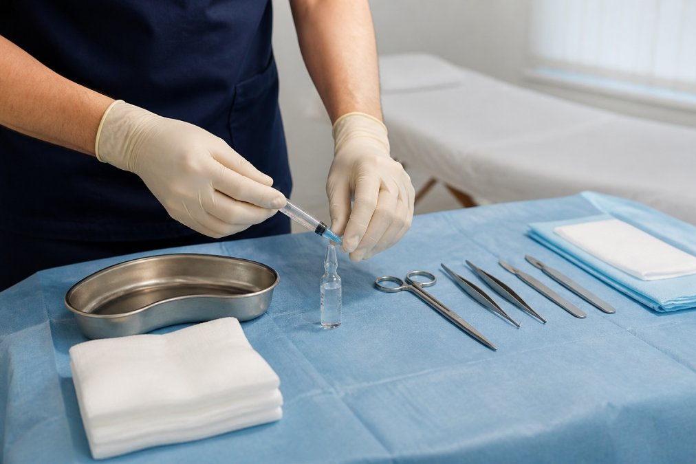 Medical professional in sterile gloves preparing surgical instruments and local anaesthetic solution for a minor excision procedure on a treatment table