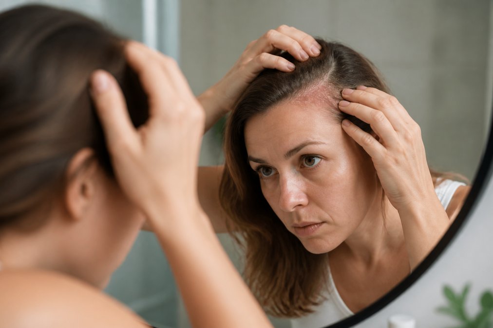 Close-up of a woman examining her scalp in a bathroom mirror, showing visible redness and flaking along the hairline, soft natural lighting
