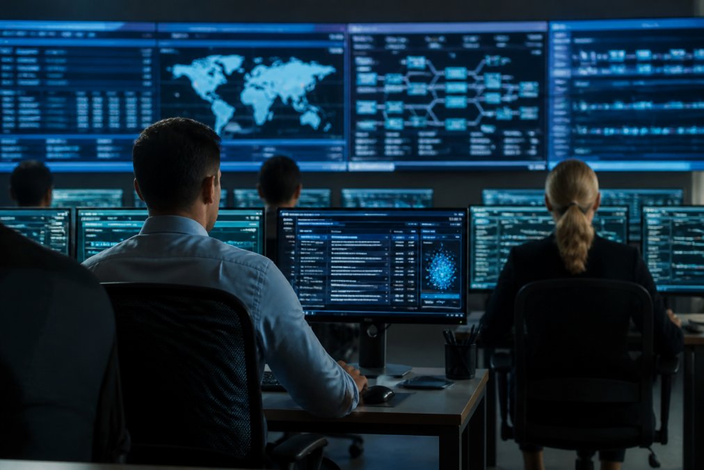 Security operations team monitoring multiple screens displaying real-time threat alerts, network activity, and incident dashboards in a modern SOC environment with dim lighting and focused attention