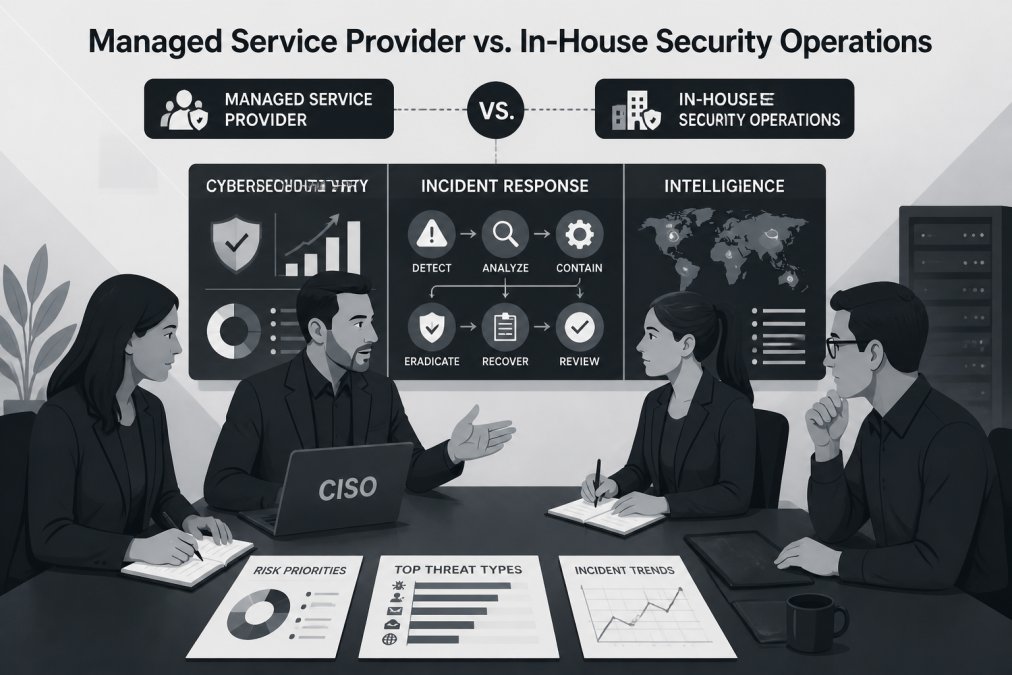 CISO and security analysts collaborating at a conference table reviewing cybersecurity strategy, incident response procedures, and threat intelligence reports with focused attention