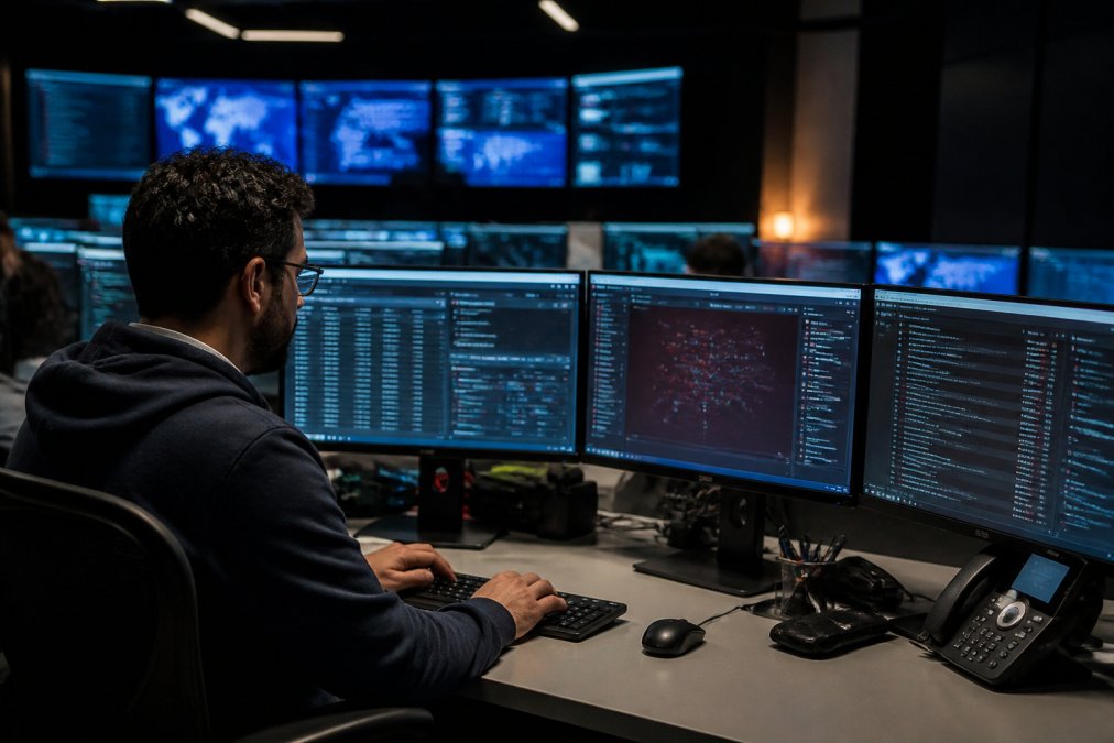 SOC analyst monitoring security alerts on multiple screens displaying threat detection dashboards and automated response workflows in a 24/7 command center environment with dim lighting and multiple workstations