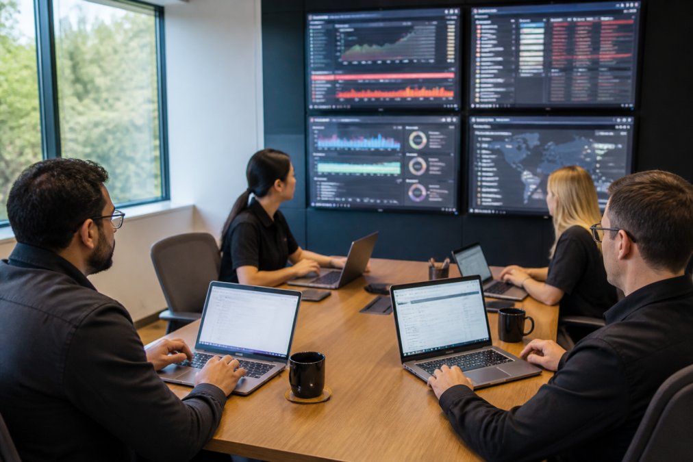 IT security team collaborating around a conference table with laptops displaying security dashboards, real-time alerts, and automation workflows, with multiple monitors showing threat data and incident status