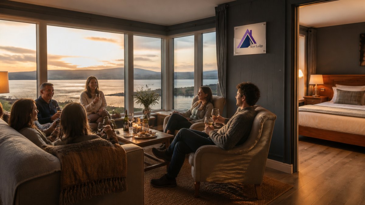 A group of friends relaxing in a cosy lounge with loch views through large windows, handmade beds visible in an adjoining ensuite room, warm evening light across the water