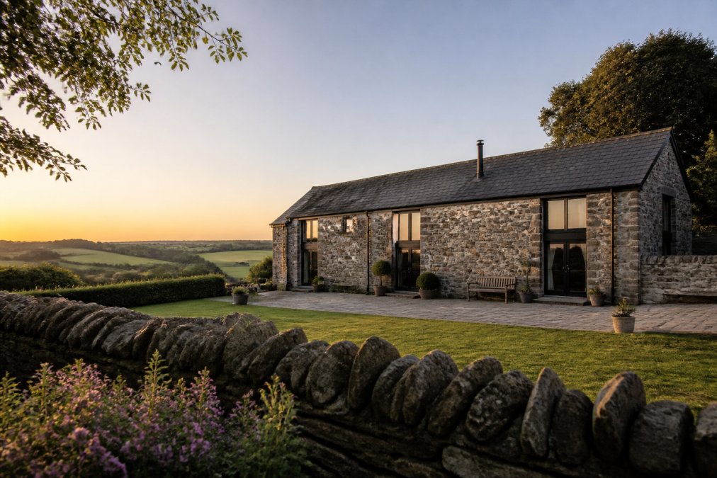 Professional illustration showing Exterior for secluded holiday cottages with log burner