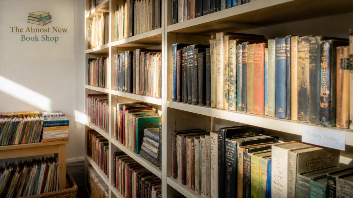 Shelves of pre-loved books in various conditions, from well-worn spines with creased pages to pristine covers, arranged by genre with soft natural light streaming across the spines