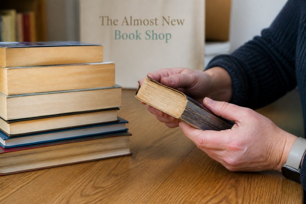 Close-up of a person's hands examining the spine and page edges of a well-worn paperback, with a small stack of second-hand books on a wooden table beside them