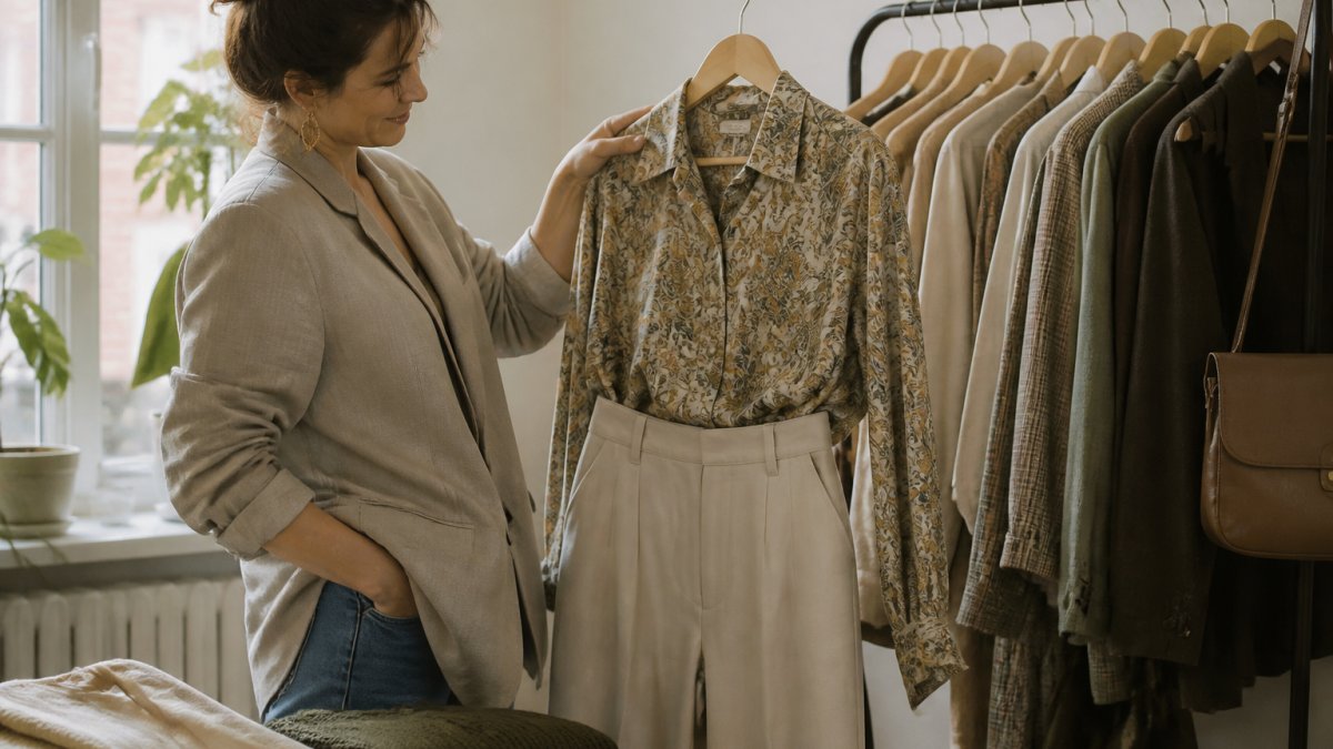 Person combining vintage second-hand office pieces - coordinating a patterned blouse with neutral trousers, showing color coordination and fabric texture interplay in natural daylight