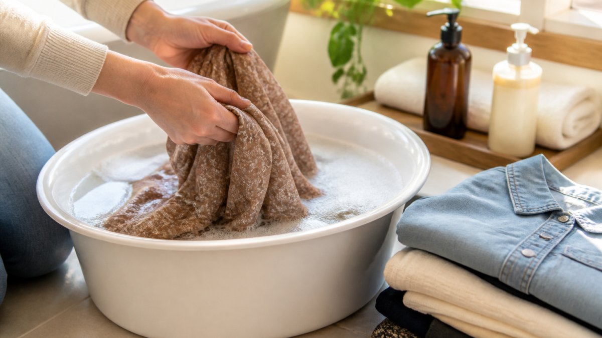 Hände halten ein Kleidungsstück über einer gefüllten Waschschüssel mit Wasser und Waschmittel, sonniges Tageslicht in einem hellen Badezimmer