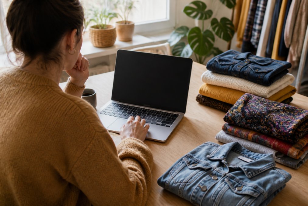 Person browst auf einem Laptop durch einen Online-Second-Hand-Shop, umgeben von sorgfältig gefalteten Vintage-Kleidungsstücken auf einem hellen Holztisch, warmes natürliches Licht fällt durch ein Fenster