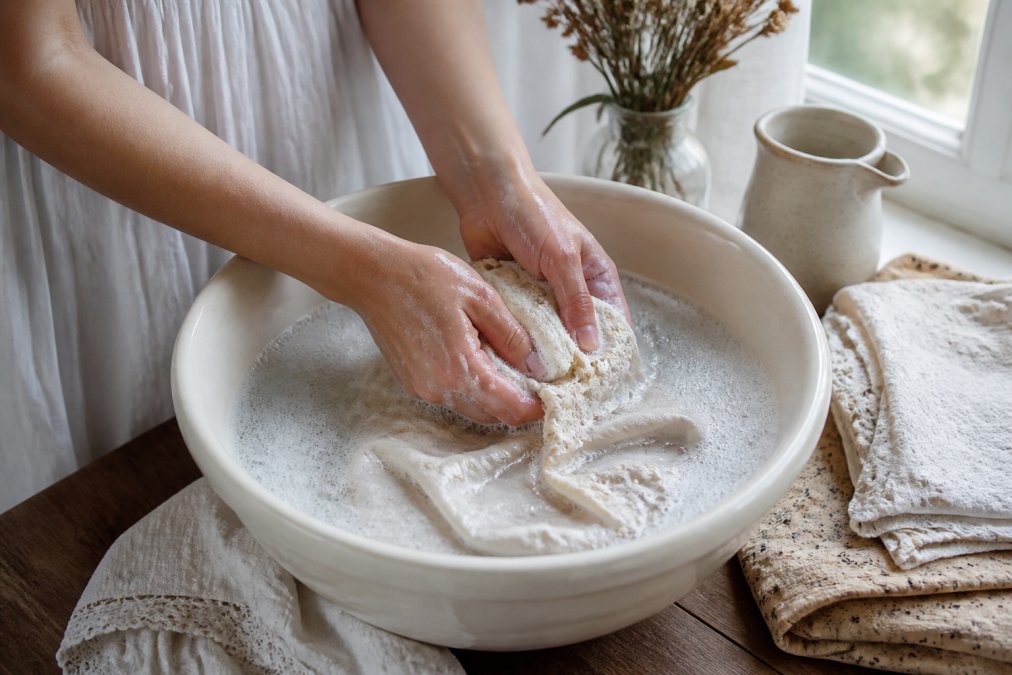 Delicate vintage fabric being gently hand-washed in a ceramic basin filled with lukewarm soapy water, hands carefully working the soap through the material with soft circular motions, natural window light illuminating the scene
