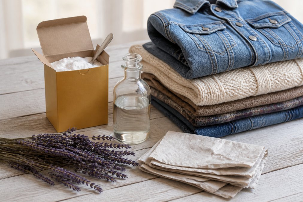 Flat lay arrangement of natural deodorizing items including an open box of baking soda, a glass bottle of white vinegar, dried lavender sprigs, and crumpled newspaper, positioned next to neatly folded vintage clothing on a light wooden surface with soft natural light