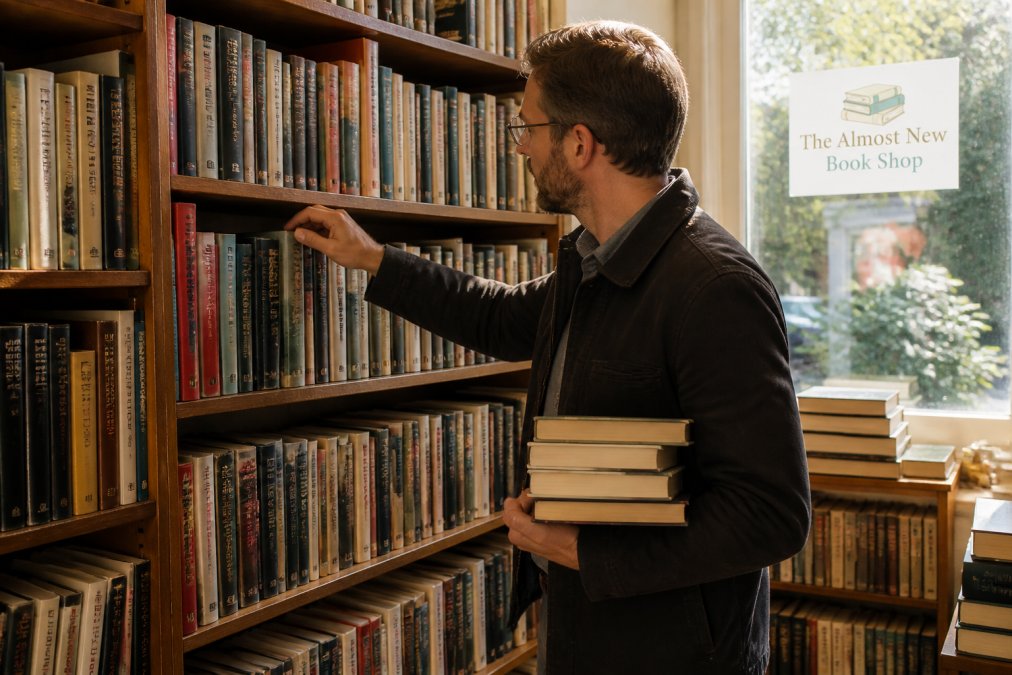 Person browsing shelves of vintage military history books in a cozy independent bookstore with warm natural light