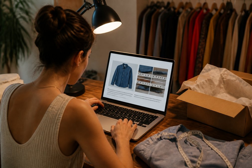 Person sitzt am Laptop und liest detaillierte Produktbeschreibung sowie Maßangaben für Second-Hand-Kleidung, mit Maßstab und Verpackung im Hintergrund, unter warm-gelblichem Lampenlicht